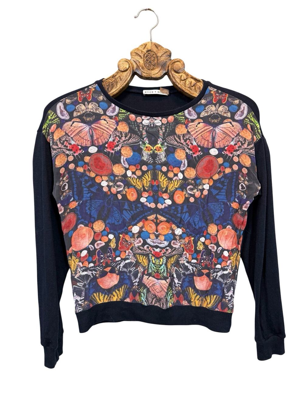 Alice + Olivia Sweater Silk  Butterfly Moth Retro 90's Kaleidoscope Navy Knit xs